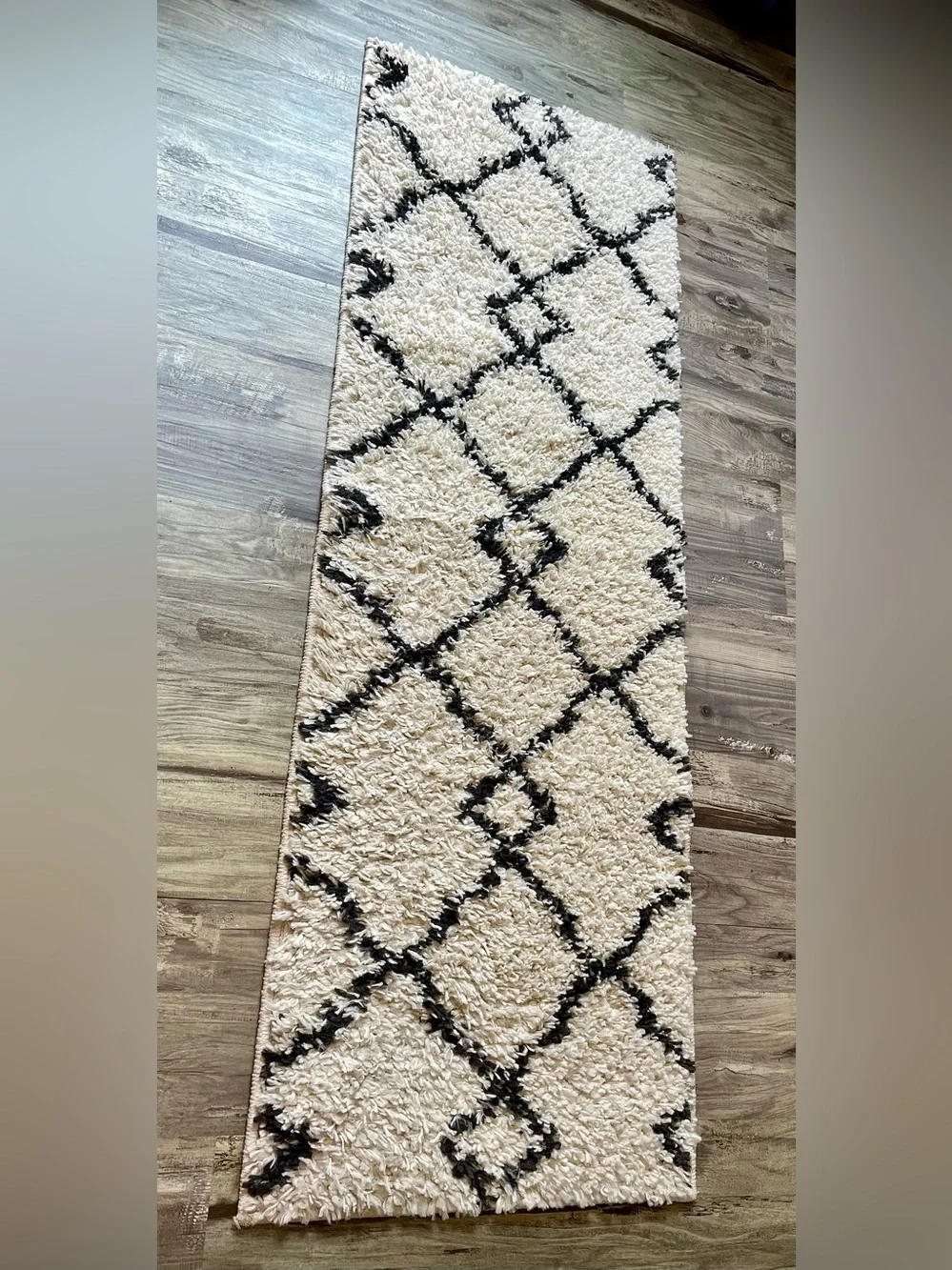 Cream & Brown Geometric Shag Runner Rug – Approx. 19.5” x 59.5”